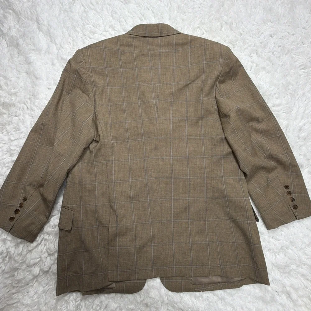 HERMES Mens Sport Coat Blazer Beige Tan Windowpane Checked 42R Wedding Flaws**